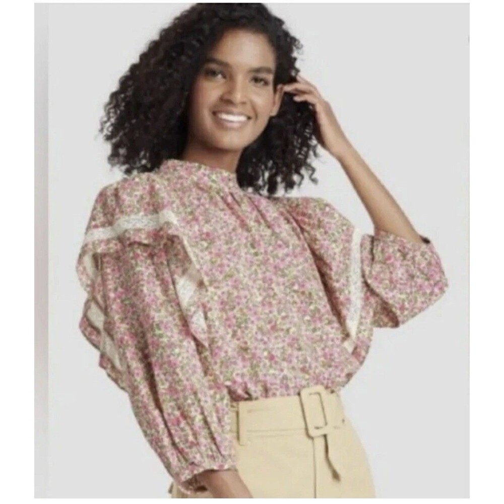 Who What Wear Peasant Romantic Floral Blouse Sz M Pink Cream Puff Ruffle Sleeves